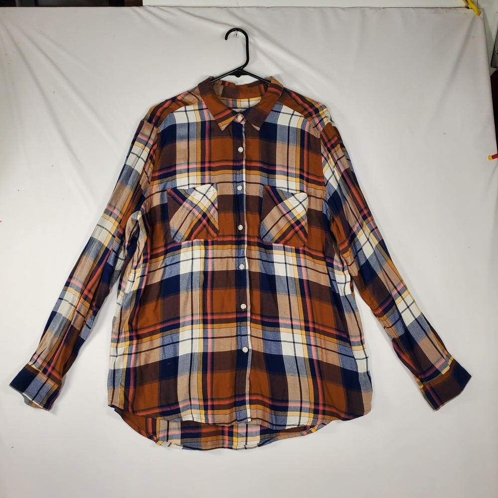 Mossimo Supply Co Womens XL Boyfriend Fit Plaid Button Down Shirt Brown Blue - Picture 7 of 7